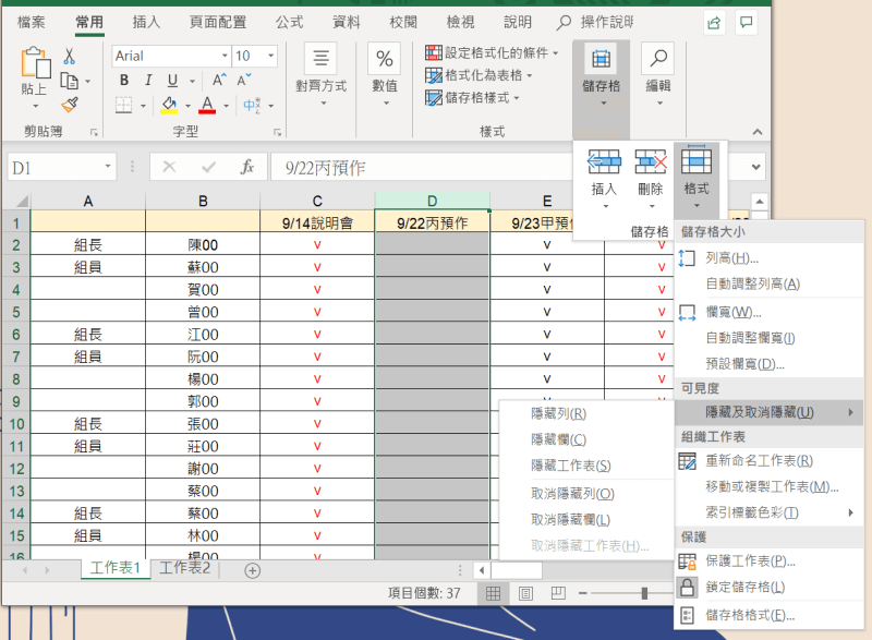 Excel 隱藏