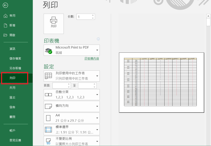 Excel 列印 列印設定