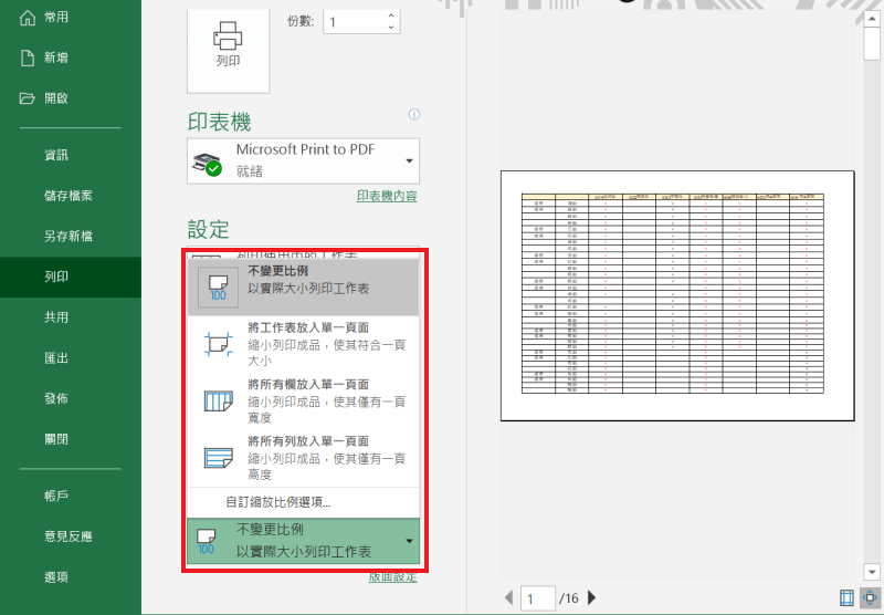 Excel 列印 選項