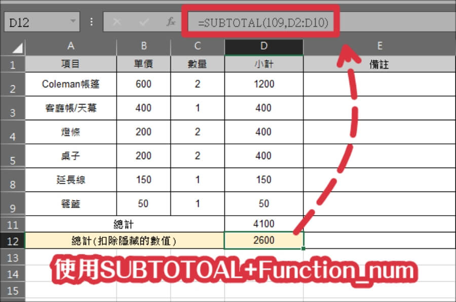 Excel SUBTOTAL用法